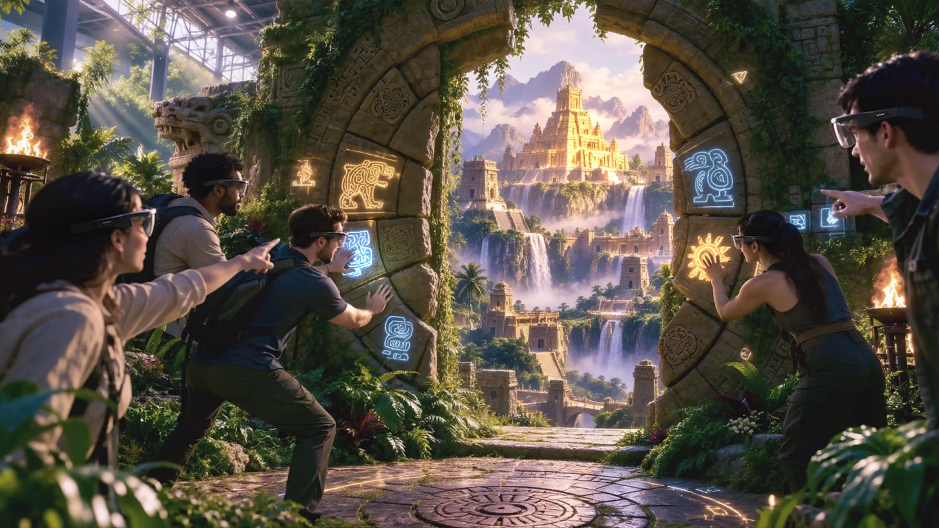Two people facing each other with holographic figures in a courtyard